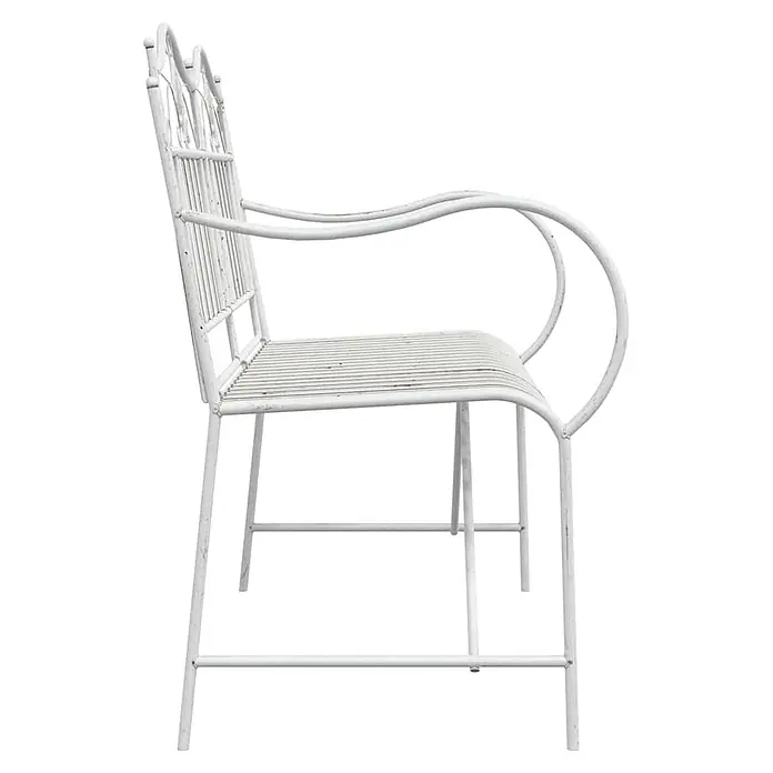 Furnicato Gartenbank Stahl Antik-Weiß - B x T x H: 59 x 103,5 x 89 cm, Weiß - Weiße schmiedeeiserne Gartenbank, Seitenansicht.