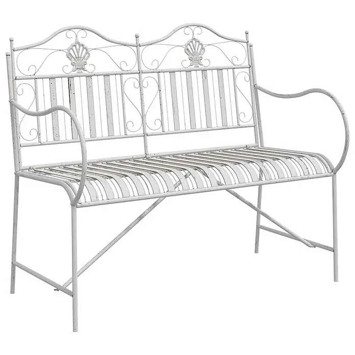 Furnicato Gartenbank Stahl Antik-Weiß - B x T x H: 59 x 103,5 x 89 cm, Weiß - Weiße Metall-Gartenbank mit verschnörkeltem Rückenlehne und Armlehnen.
