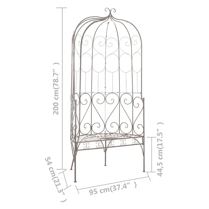 Furnicato Gartenbank Schmiedeeisen Antik-Braun - B x T x H: 95 x 54 x 200 cm, Braun - Eleganter Metall-Gartenbogen mit integrierter Bank und dekorativen Schnörkeln.