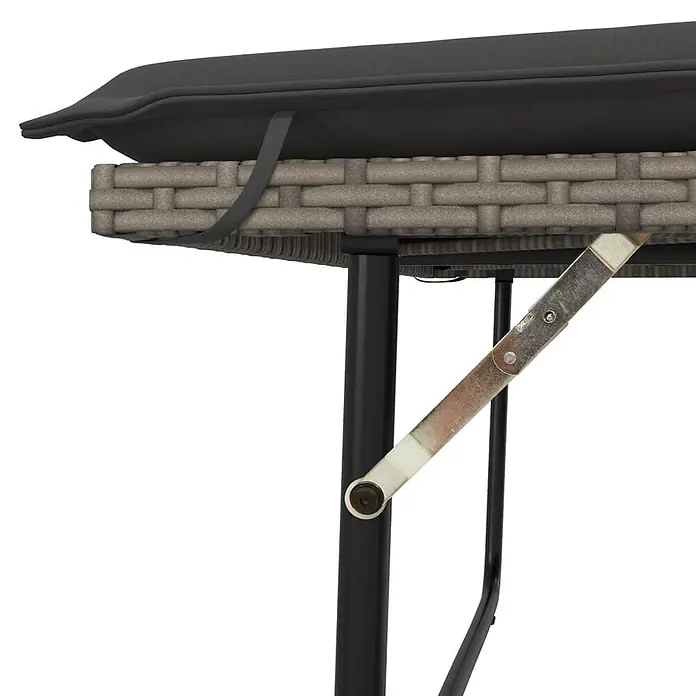 Furnicato Gartenbank - B x T x H: 55 x 55 x 97 cm, Grau - Dunkelgraues Kissen auf braunem Rattantisch, mit Gurt befestigt. Metall-Klappmechanismus am Bein sichtbar.