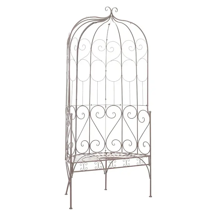 Furnicato Gartenbank Schmiedeeisen Antik-Braun - B x T x H: 95 x 54 x 200 cm, Braun - Dekorativer grauer Metall-Gartenpavillon mit integrierter Bank und Schnörkelmuster.