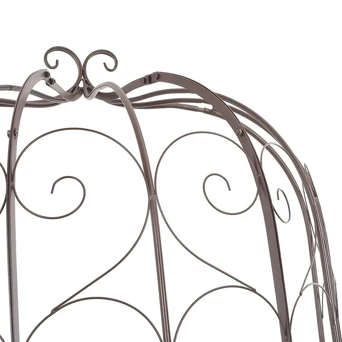 Furnicato Gartenbank Schmiedeeisen Antik-Braun - B x T x H: 95 x 54 x 200 cm, Braun - Nahaufnahme des oberen Bereichs einer braunen Gartenlaube aus Metall mit verschnörkelten Verzierungen und verschraubten Verbindungen.