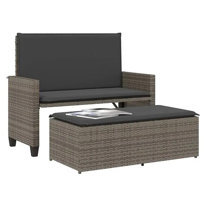 Furnicato Gartenbank - B x T x H: 55 x 55 x 97 cm, Grau - Zweisitzige graue Rattan-Gartenbank mit dunkelgrauen Kissen und passendem rechteckigem Hocker mit Kissen und Magazin.