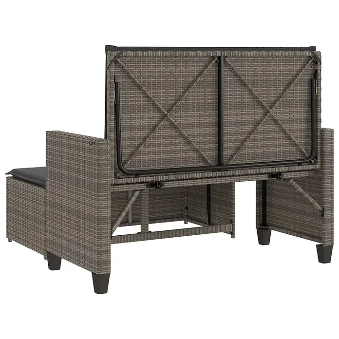 Furnicato Gartenbank - B x T x H: 55 x 55 x 97 cm, Grau - Graue Outdoor-Sitzbank aus Polyrattan von hinten, mit klappbarer Rückenlehne aus schwarzem Metall und Seitenkissen.