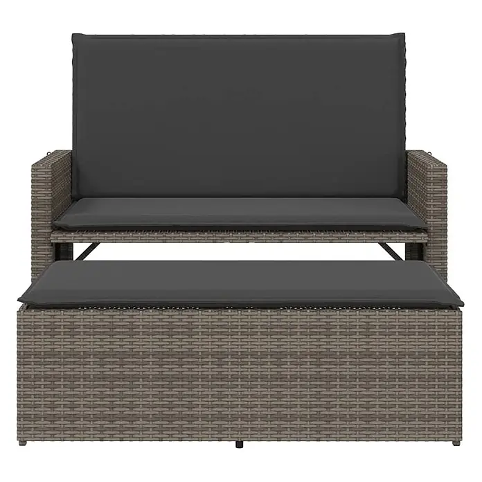 Furnicato Gartenbank - B x T x H: 55 x 55 x 97 cm, Grau - Rattan-Gartensofa mit dunkelgrauen Kissen und integrierter Fußstütze für entspanntes Outdoor-Sitzen.