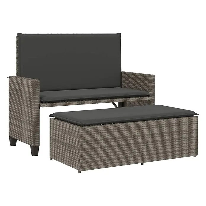 Furnicato Gartenbank - B x T x H: 55 x 55 x 97 cm, Grau - Grau-braunes Rattan-Gartensofa (2-Sitzer) mit dunkelgrauen Kissen und passendem Hocker.