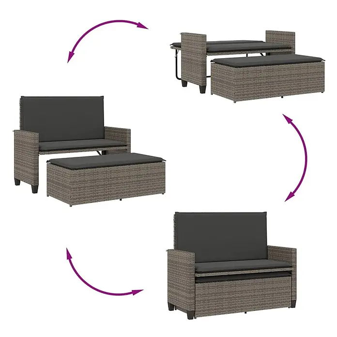 Furnicato Gartenbank - B x T x H: 55 x 55 x 97 cm, Grau - Wandelbares Outdoor-Möbelset aus grauem Rattan-Stil. Es verwandelt sich von einer Bank mit Ottomane in einen Tisch mit Sitzen oder kompakten Stauraum.