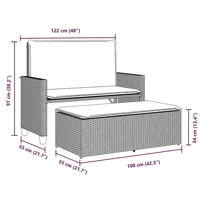 Furnicato Gartenbank - B x T x H: 55 x 115 x 97 cm, Braun - Zweiteiliges Garten-Rattan-Lounge-Set aus Zweisitzer-Sofa und passendem Ottoman mit Kissen, Maße dargestellt.