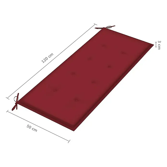 Furnicato Gartenbank Eukalyptusholz geölt - B x T x H: 120 x 60 x 89 cm, Weinrot - Rotes, gestepptes Bankkissen mit Bändern, Maße 120x50x3 cm.