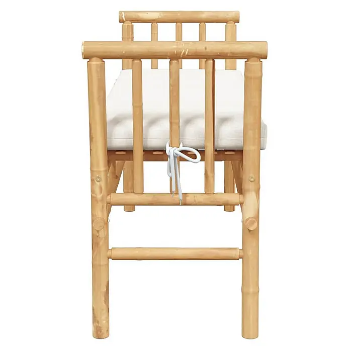 Furnicato Gartenbank - B x T x H: 38 x 38 x 65 cm, Cremeweiß - Vorderansicht eines natürlichen Bambusstuhls mit einem weißen Kissen, das am Rücken befestigt ist.