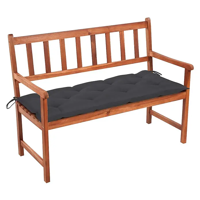Furnicato Gartenbank Akazienholz geölt - B x T x H: 58 x 120 x 90 cm, Anthrazit - Braune Holz-Gartenbank mit einem dunkelgrauen, getufteten Sitzkissen.