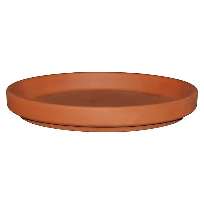 Blumentopf-Untersetzer - Außenmaß (Ø x H): 6,3 x 1 cm, Naturmaterialien, Tonrot - Tonuntersetzer für Pflanzentöpfe. Der Untersetzer ist aus Terrakotta und hat eine flache, runde Form mit einem erhöhten Rand, um Wasser aufzufangen.