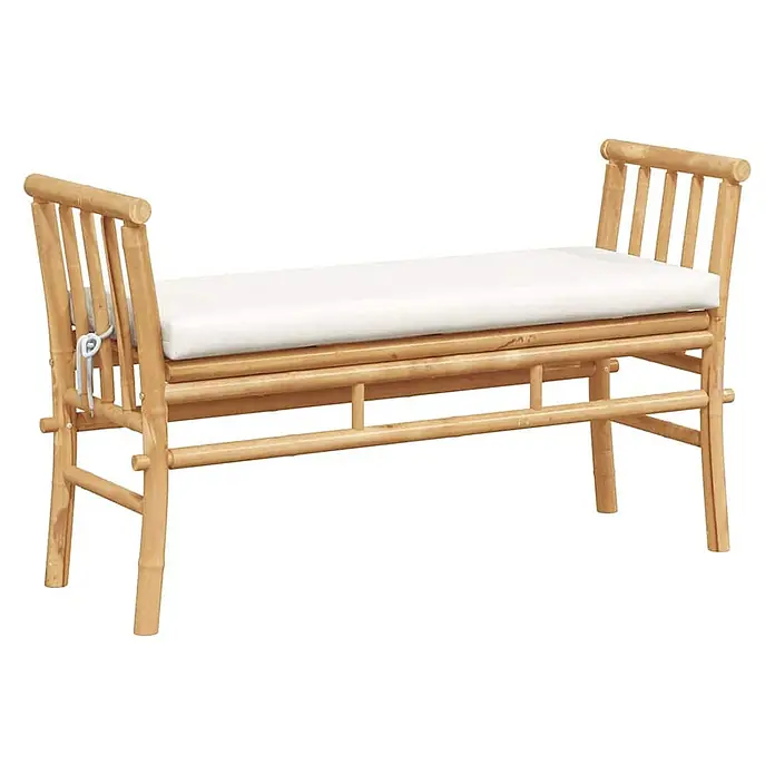 Furnicato Gartenbank - B x T x H: 38 x 38 x 65 cm, Cremeweiß - Natürliche Bambusbank mit weißem Kissen und seitlichen Lattenarmlehnen.