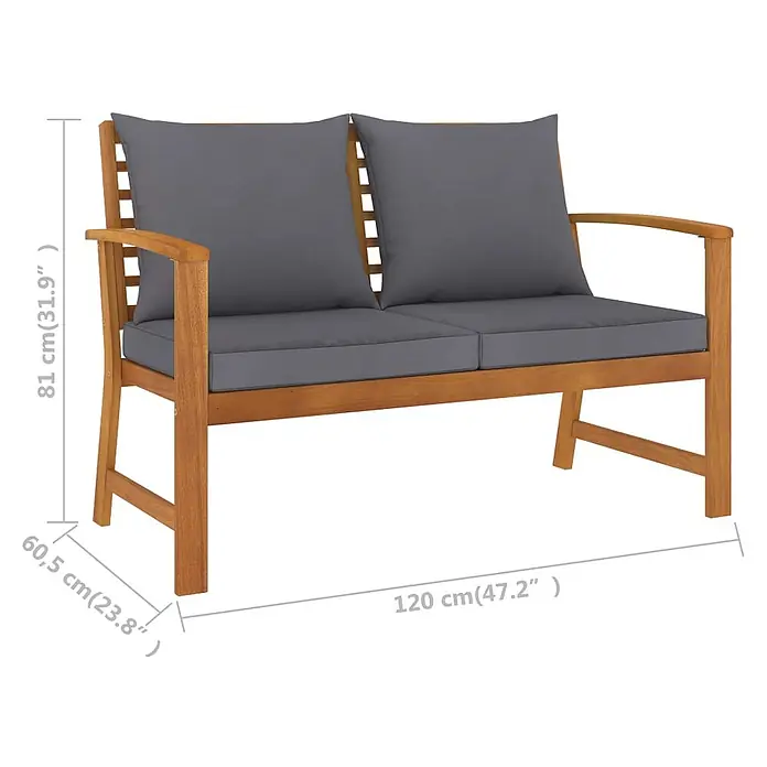 Furnicato Gartenbank Akazienholz geölt - Grau - Gartenbank aus Holz mit zwei Sitzen und grauen Kissen, 120 cm breit.