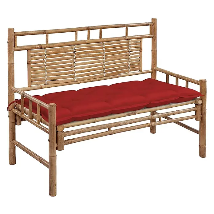 Furnicato Gartenbank Bambus - B x T x H: 55 x 120 x 90 cm, Rot - Gartenbank aus Bambus mit natürlicher Oberfläche und einem bequemen roten Kissen.