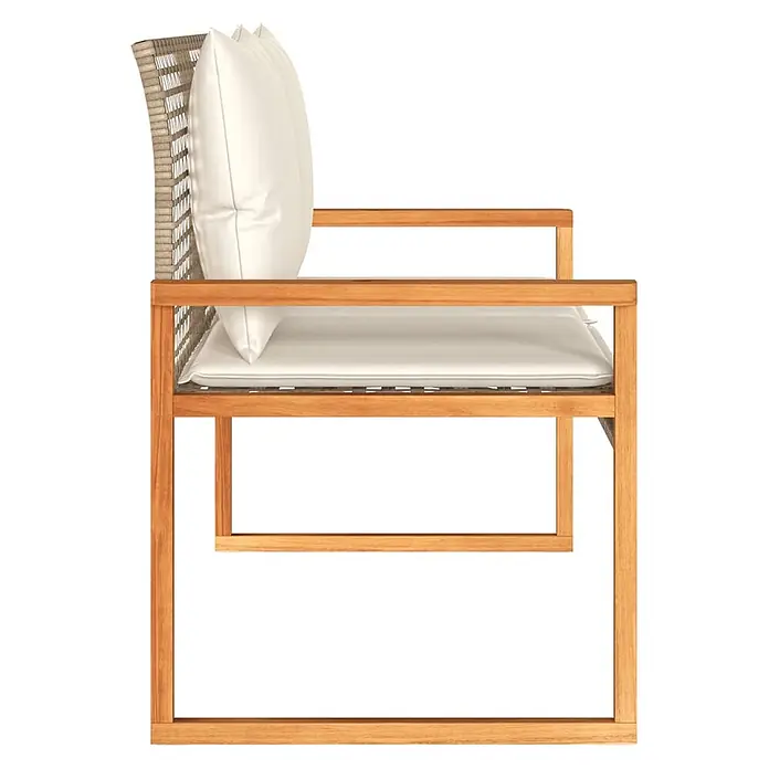 Furnicato Gartenbank PE-Rattan - B x T x H: 119 x 61 x 79 cm, Mischung aus Beige - Sessel aus Holz mit geflochtener Rückenlehne und cremefarbenen Kissen.