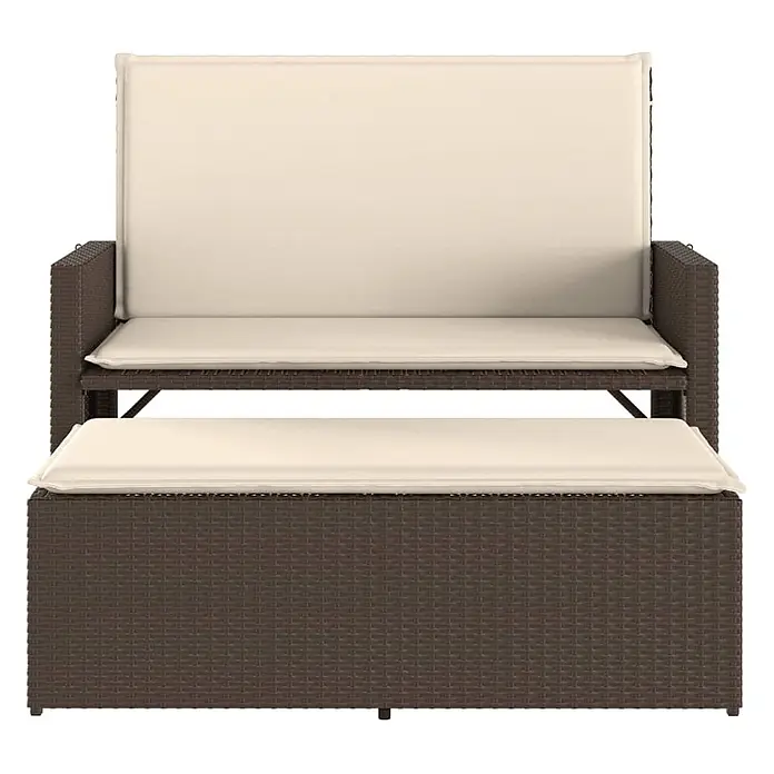 Furnicato Gartenbank PE-Rattan - B x T x H: 122 x 115 x 61,5 cm, Braun - Braunes Rattan-Gartensofa mit hellcremefarbenen Kissen, dazu passender Hocker/Fußablage.