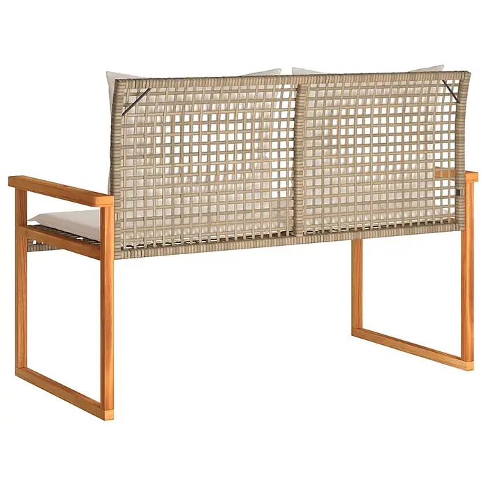 Furnicato Gartenbank PE-Rattan - B x T x H: 119 x 61 x 79 cm, Mischung aus Beige - Rückseite einer beigen geflochtenen Zweisitzer-Gartenbank mit Holzrahmen und hellen Kissen.