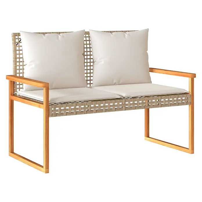 Furnicato Gartenbank PE-Rattan - B x T x H: 119 x 61 x 79 cm, Mischung aus Beige - Outdoor-Zweisitzerbank mit Naturholzrahmen, beigefarbener Flechtung und cremefarbenen Kissen.
