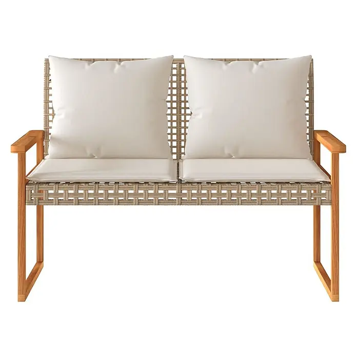 Furnicato Gartenbank PE-Rattan - B x T x H: 119 x 61 x 79 cm, Mischung aus Beige - Zweisitzer-Outdoor-Bank mit beigem Geflecht, Holzdetails und cremefarbenen Kissen.