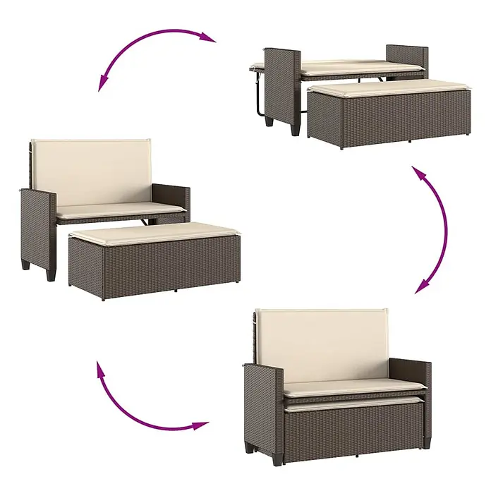 Furnicato Gartenbank PE-Rattan - B x T x H: 122 x 115 x 61,5 cm, Braun - Braune Rattan-Gartenmöbelgarnitur, Sofa mit Hocker, umwandelbar zu Tisch und Bänken, platzsparend ineinandersteckbar, mit cremefarbenen Kissen.