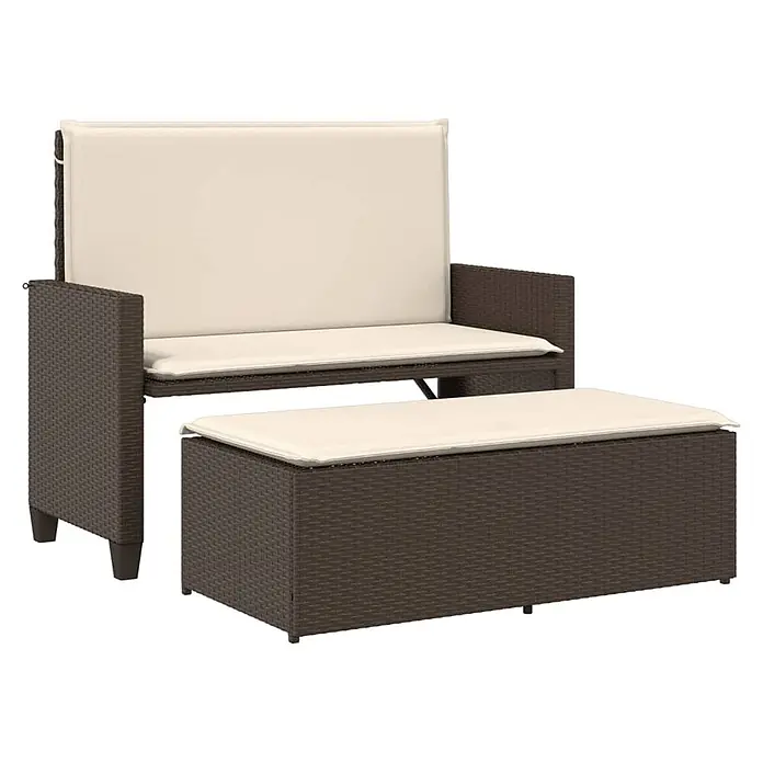 Furnicato Gartenbank PE-Rattan - B x T x H: 122 x 115 x 61,5 cm, Braun - Braunes Polyrattan Outdoor-Loungeset mit cremefarbenen Kissen.