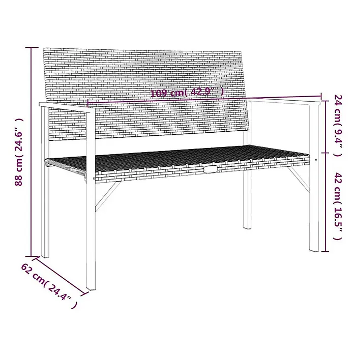 Furnicato Gartenbank PE-Rattan - B x T x H: 109 x 62 x 88 cm, Grau - Maße einer zweisitzigen Gartenbank mit Rattan-Sitzfläche und Metallgestell.