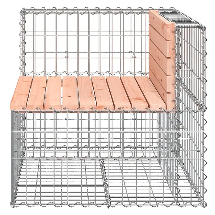 Furnicato Gartenbank - Natürliches Douglasie - L-förmige Gabionenbank mit silbernem Metallgitter und hellbrauner Holz-Sitzfläche und Rückenlehne.