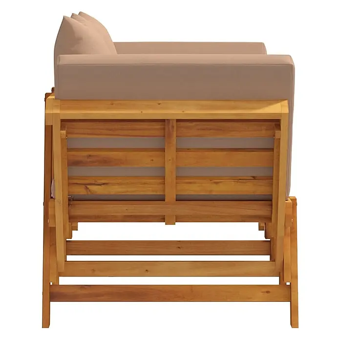 Furnicato Gartenbank Akazien-Massivholz Taupe - B x T x H: 205 x 74 x 66 cm, Taupe - Seitenansicht eines Outdoor-Sofas aus Holz mit beigefarbenen Kissen.