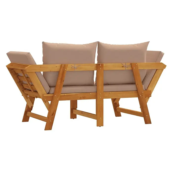 Furnicato Gartenbank Akazien-Massivholz Taupe - B x T x H: 205 x 74 x 66 cm, Taupe - Holzbank für den Außenbereich mit hellbeigen Kissen.