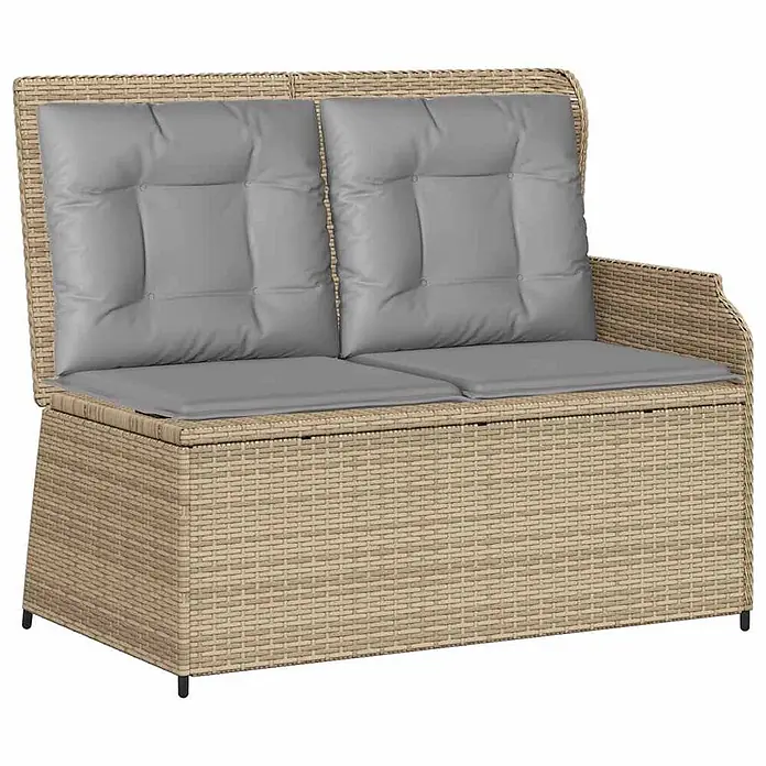 Furnicato Gartenbank - B x T x H: 110 x 95 x 85 cm, Beige und Grau - Beige Rattan-Gartenbank für zwei Personen mit grauen Kissen und integriertem Stauraum.
