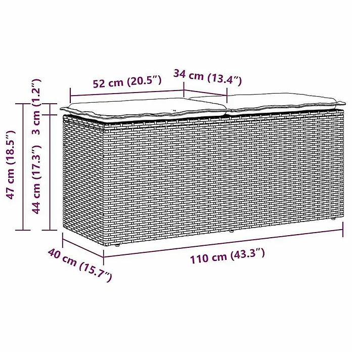 Furnicato Gartenbank - B x T x H: 110 x 40 x 44 cm, Beige und Grau - Aufbewahrungsbox in Rattan-Optik mit zwei weißen Kissen auf der Oberseite.