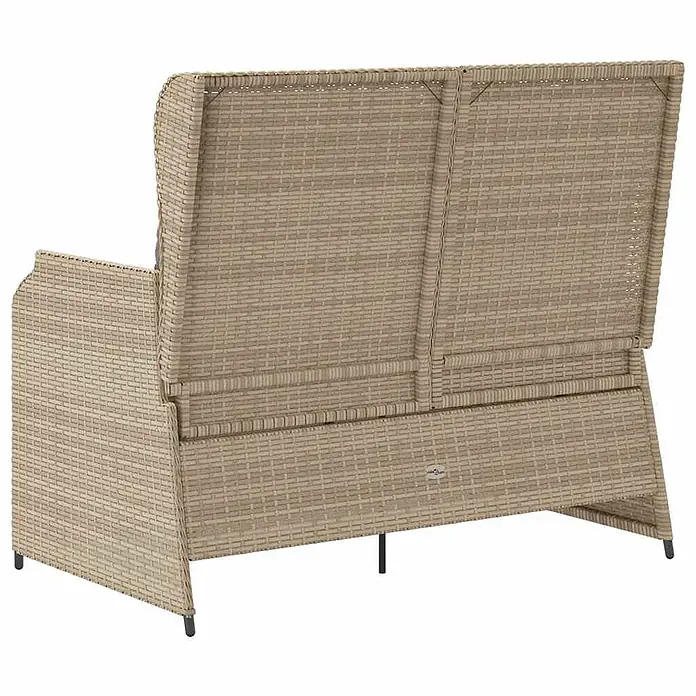 Furnicato Gartenbank - B x T x H: 110 x 95 x 85 cm, Beige und Grau - Beiges geflochtenes Outdoor-Zweisitzer-Sofa in Rattan-Optik, von hinten gesehen.