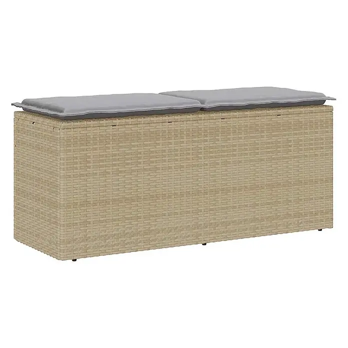 Furnicato Gartenbank - B x T x H: 110 x 40 x 44 cm, Beige und Grau - Helle Rattan-Garten-Aufbewahrungsbank mit zwei grauen Kissen.