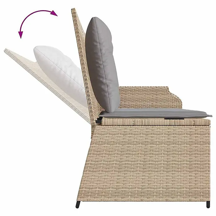 Furnicato Gartenbank - B x T x H: 110 x 95 x 85 cm, Beige und Grau - Seitenansicht eines beigefarbenen Rattan-Liegestuhls mit grauen Kissen und verstellbarer Rückenlehne.