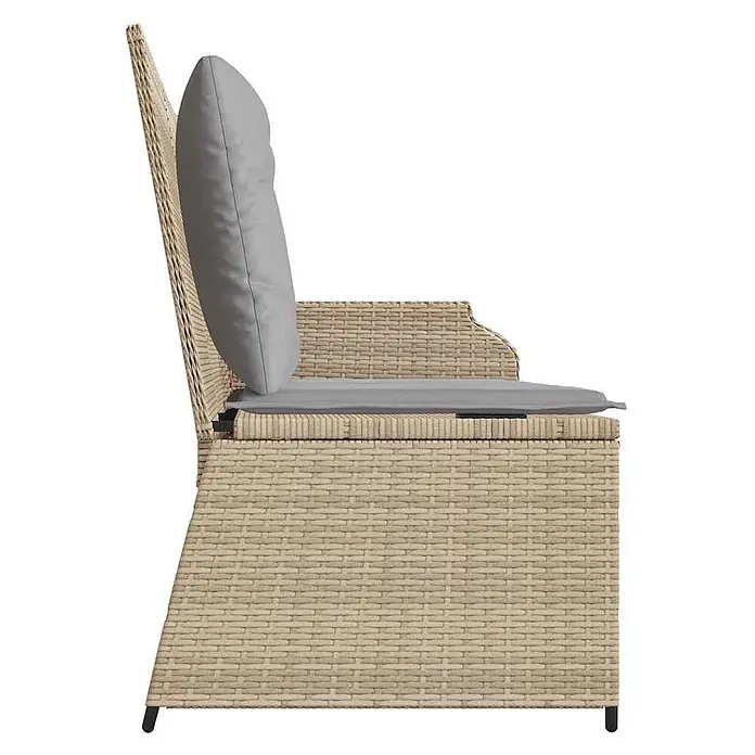 Furnicato Gartenbank - B x T x H: 110 x 95 x 85 cm, Beige und Grau - Seitenansicht eines hellbeigen geflochtenen Stuhls mit grauen Sitz- und Rückenkissen.