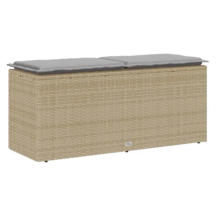 Furnicato Gartenbank - B x T x H: 110 x 40 x 44 cm, Beige und Grau - Beige Rattan-Gartenaufbewahrungsbank mit grauen Kissen.
