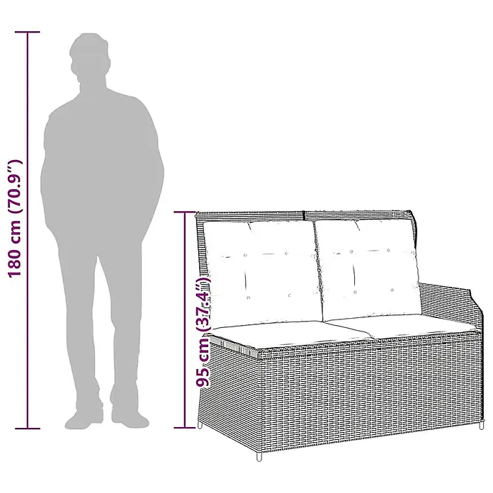 Furnicato Gartenbank - B x T x H: 110 x 95 x 85 cm, Beige und Grau - Zweisitzer-Gartenssofa aus braunem Polyrattan mit hellen Kissen, neben einer 180 cm Silhouette zur Größenanzeige. Sofahöhe 95 cm.