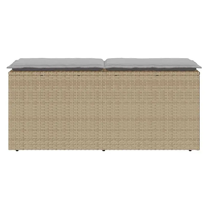 Furnicato Gartenbank - B x T x H: 110 x 40 x 44 cm, Beige und Grau - Helle beige Rattan-Aufbewahrungsbox mit zwei grauen Kissen, ideal als Gartenbank oder Stauraum.