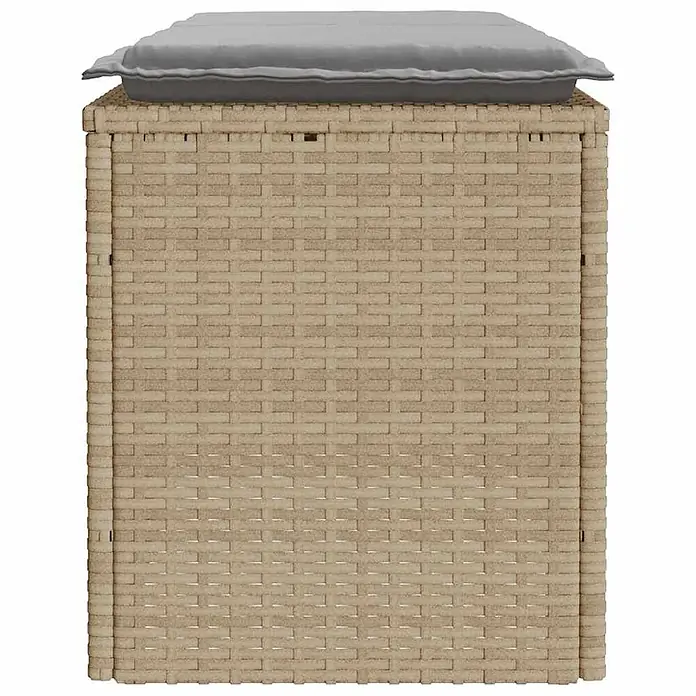 Furnicato Gartenbank - B x T x H: 110 x 40 x 44 cm, Beige und Grau - Beige Rattan-Optik Outdoor-Aufbewahrungsbox mit hellgrauem Kissen.