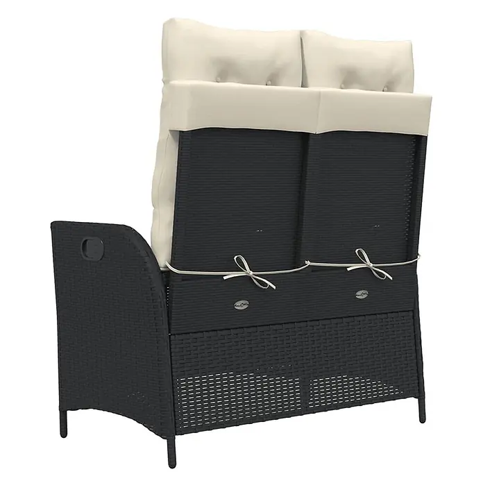 Furnicato Gartenbank - B x T x H: 59 x 86 x 93 cm, Schwarz und Creme - Schwarze Rattan-Gartenbank für 2 Personen mit hohen Rückenlehnen und cremefarbenen Kissen, hinten gebunden.
