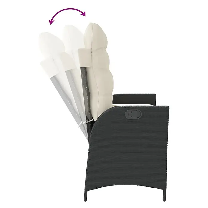 Furnicato Gartenbank - B x T x H: 59 x 86 x 93 cm, Schwarz und Creme - Dunkelgrauer Rattan-Liegestuhl mit cremefarbenen Kissen, der die verstellbare Rückenlehne in verschiedenen Neigungspositionen über einen Seitenhebel zeigt.
