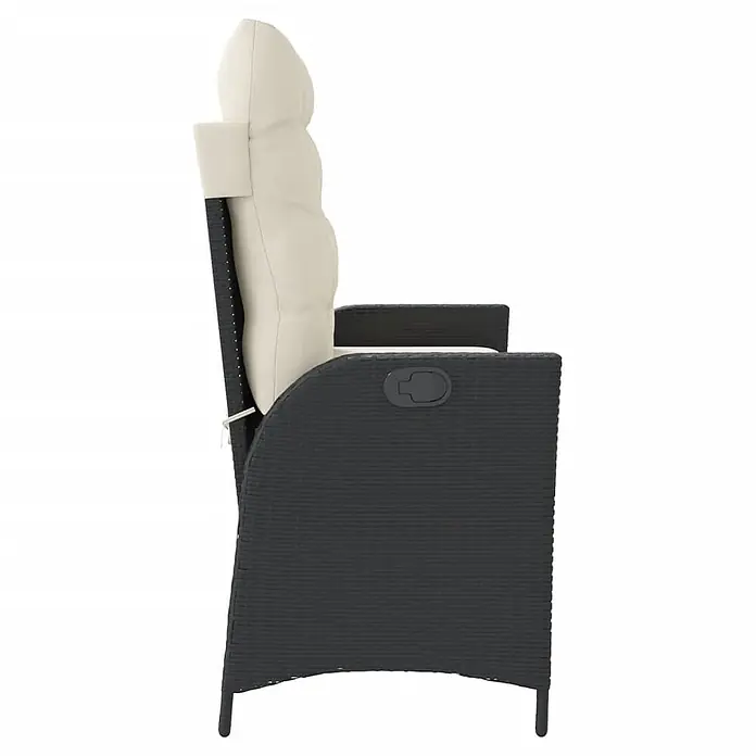 Furnicato Gartenbank - B x T x H: 59 x 86 x 93 cm, Schwarz und Creme - Dunkelgrauer Rattan-Liegesessel mit hellbeigem Kissen, seitlich Ansicht.