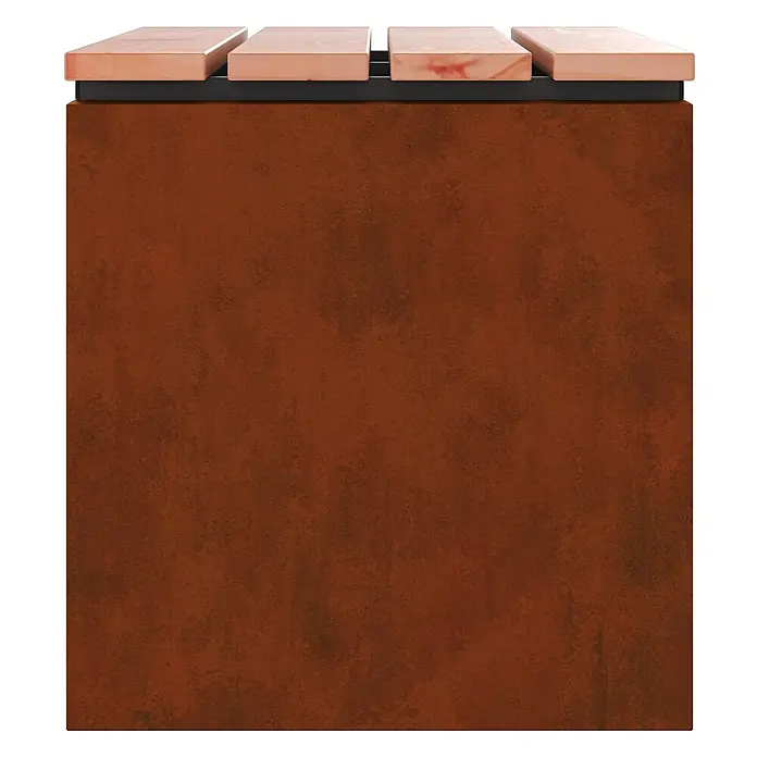 Furnicato Gartenbank Douglasienholz lackiert - B x T x H: 40 x 60 x 43 cm, Wetterfeststahl - Rostfarbener rechteckiger Pflanzkübel mit hellen Latten in Holzoptik oben.