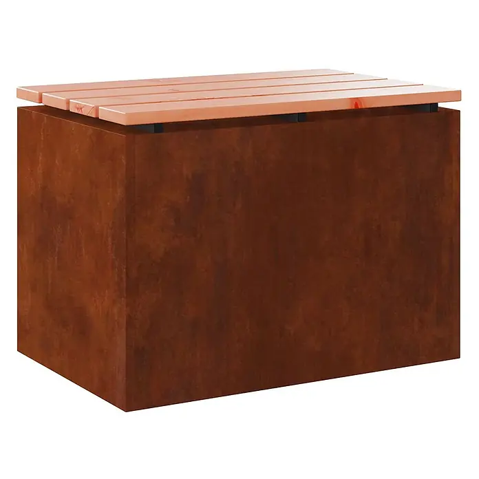 Furnicato Gartenbank Douglasienholz lackiert - B x T x H: 40 x 60 x 43 cm, Wetterfeststahl - Rechteckige Pflanz-/Sitzbank mit Basis in Rost-Optik und heller Lattenrost-Sitzfläche.