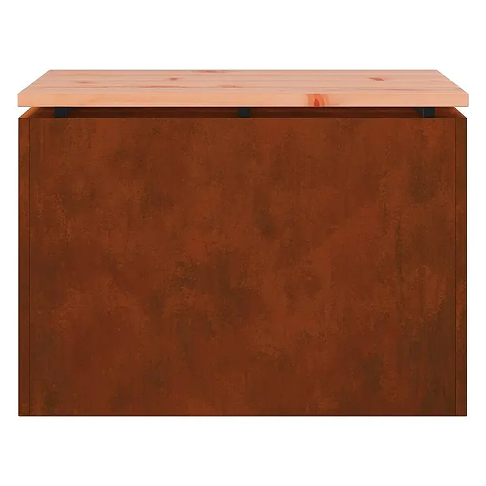 Furnicato Gartenbank Douglasienholz lackiert - B x T x H: 40 x 60 x 43 cm, Wetterfeststahl - Rechteckiger Pflanzkübel aus rostigem Cortenstahl mit heller Holzplatte, auf dunklen Stützen erhöht.