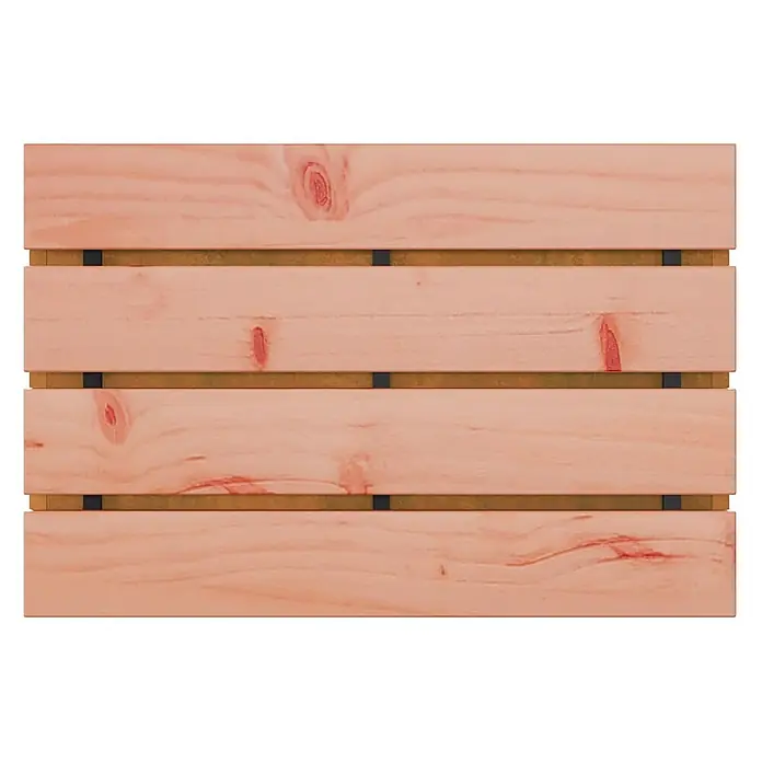 Furnicato Gartenbank Douglasienholz lackiert - B x T x H: 40 x 60 x 43 cm, Wetterfeststahl - Lamellenwand aus hellem Holz mit sichtbaren Ästen, verbunden durch dunkle Vierkantverbinder auf beigefarbenem Hintergrund.