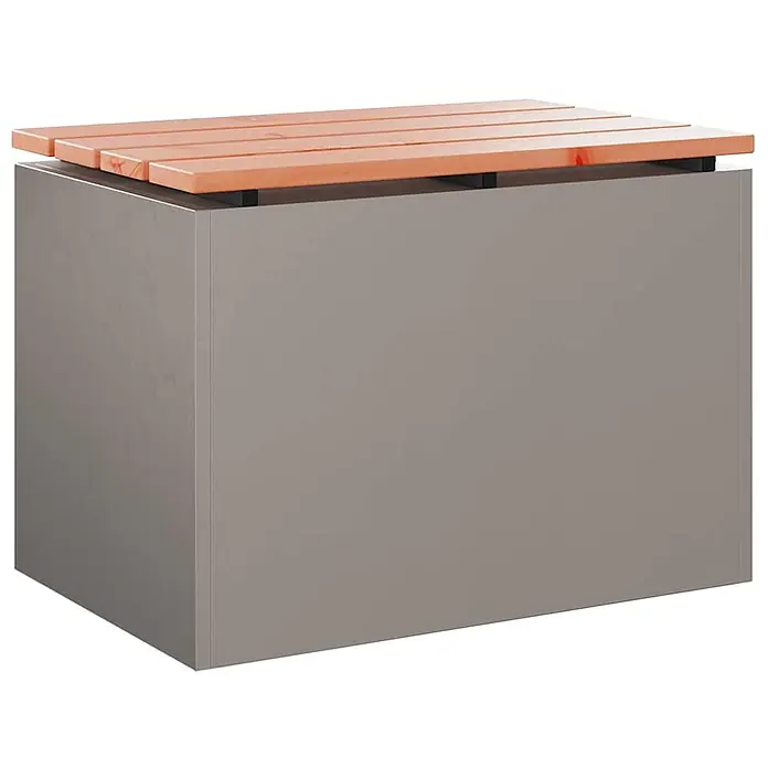 Furnicato Gartenbank Douglasienholz lackiert - B x T x H: 40 x 60 x 43 cm, Wetterfeststahl - Rechteckige graue Aufbewahrungsbox mit einer Lattenabdeckung aus hellem Holz.