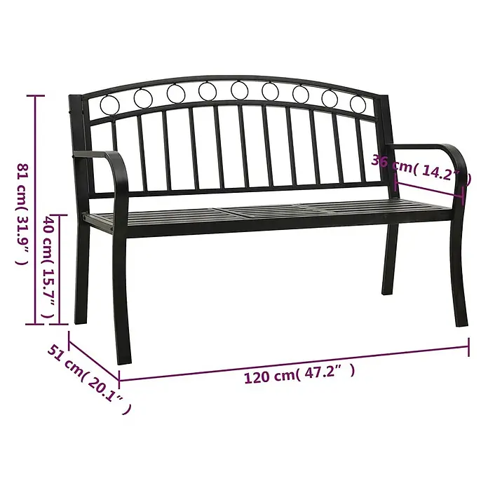 Furnicato Gartenbank pulverbeschichtet - B x T x H: 120 x 51 x 81 cm, Schwarz - Schwarze Metall-Gartenbank mit Lattenrostsitz und gewölbter Rückenlehne, Maße angezeigt.