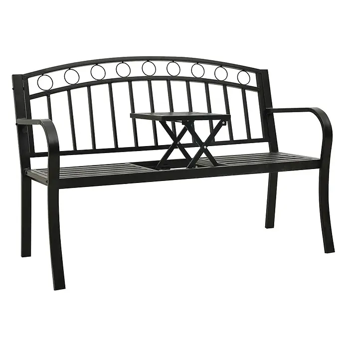 Furnicato Gartenbank pulverbeschichtet - B x T x H: 120 x 51 x 81 cm, Schwarz - Schwarze Metall-Gartenbank mit integriertem Klapptisch.